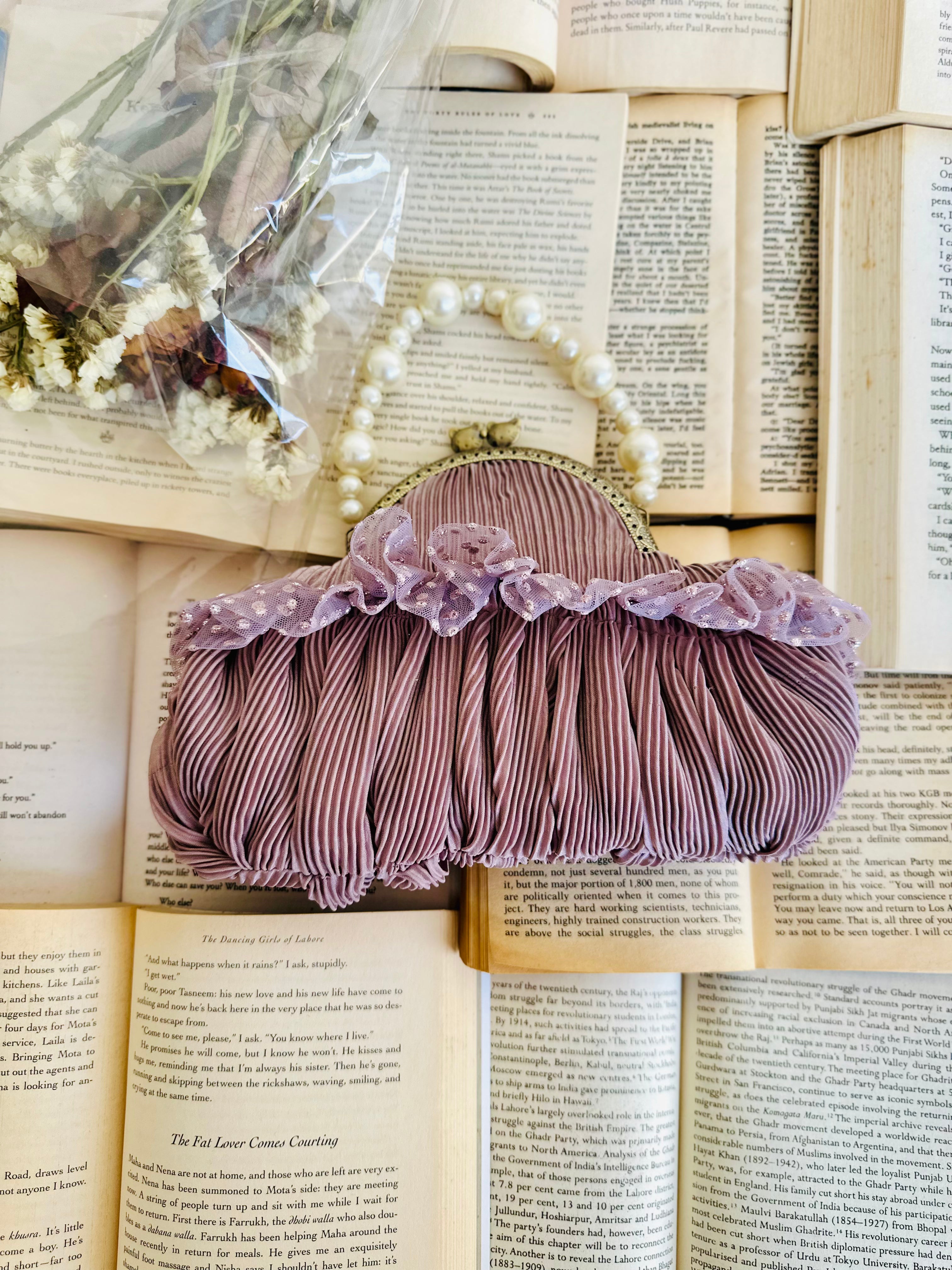 The Cotton Candy: Pleated Mauve Frame Clutch with Pearl Handle