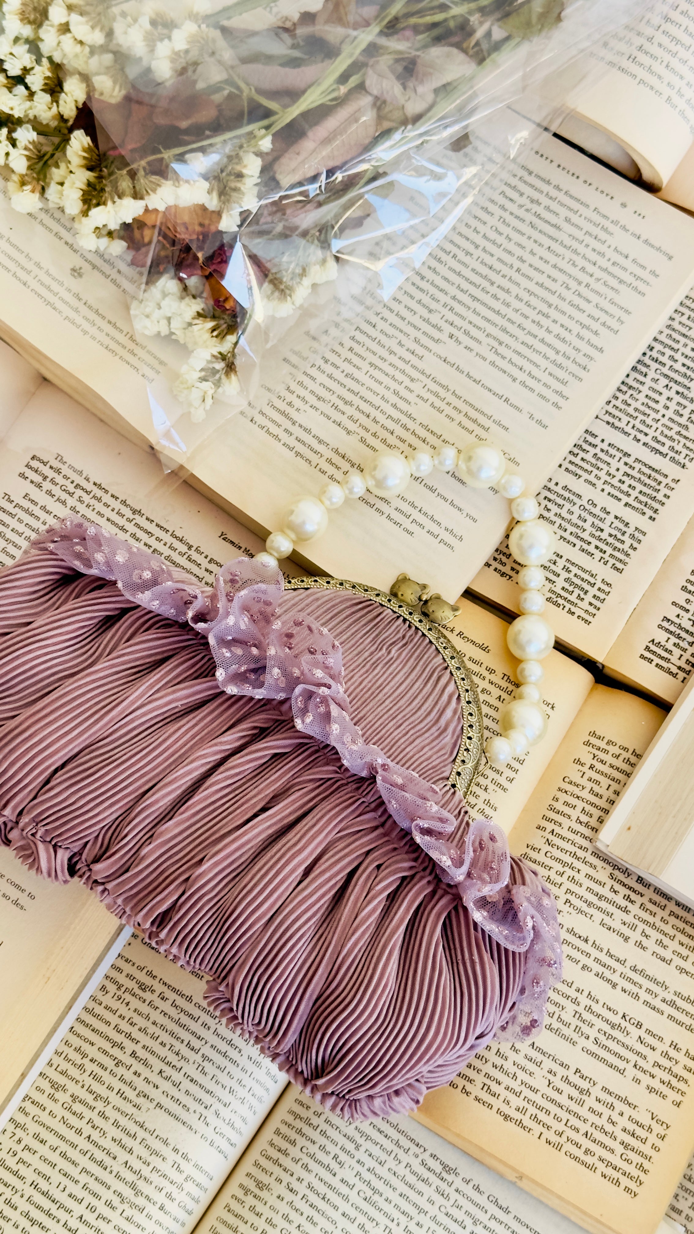 The Cotton Candy: Pleated Mauve Frame Clutch with Pearl Handle