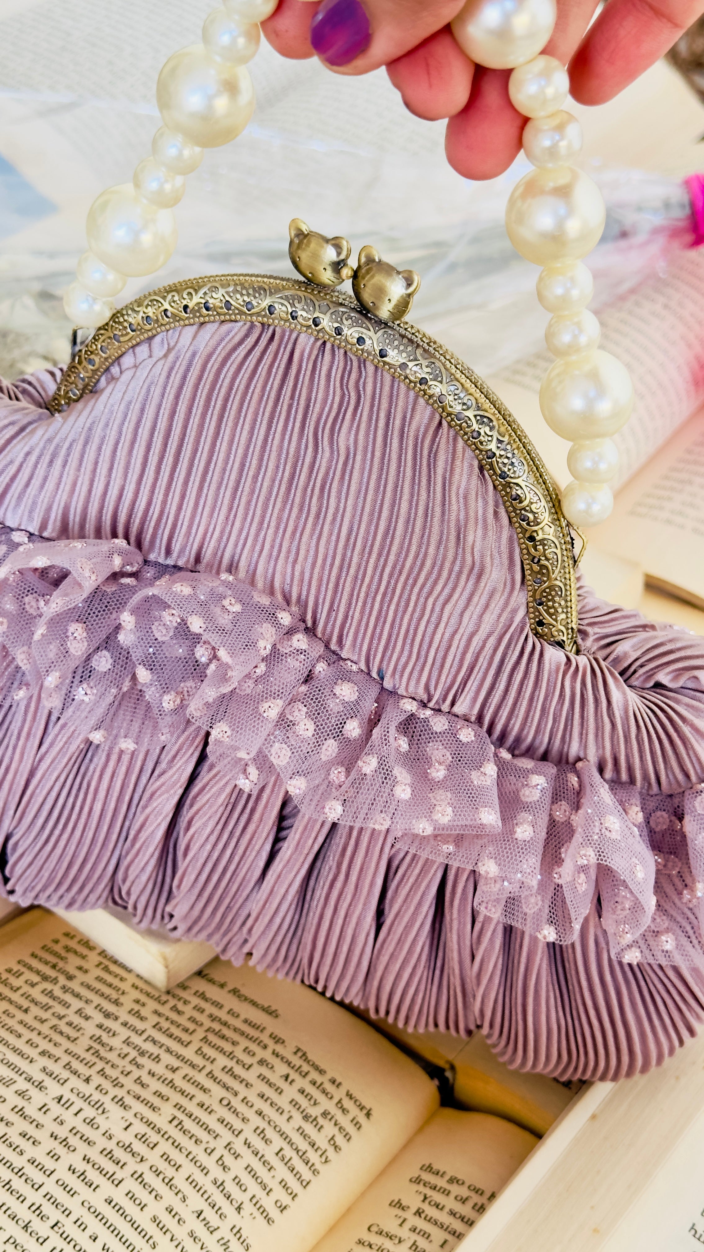 The Cotton Candy: Pleated Mauve Frame Clutch with Pearl Handle