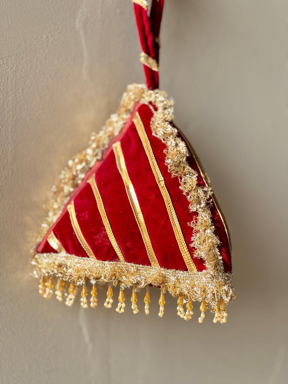 Naazli: Plum & Gold Triangular Velvet Bridal Potli