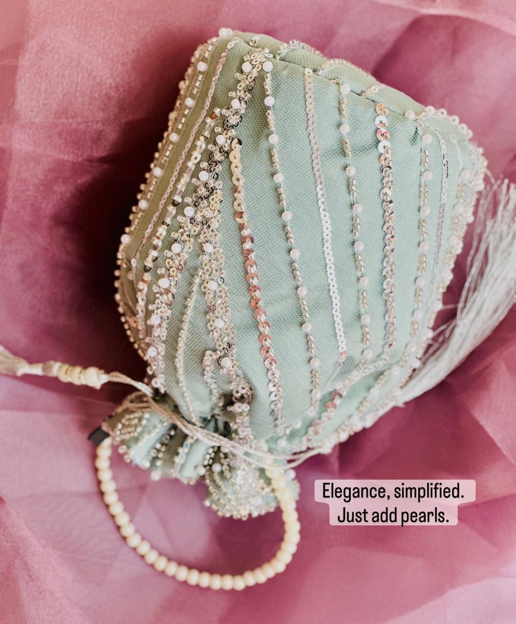 Dur e Adan: Mint Green Pearl & Sequin Bridal Potli