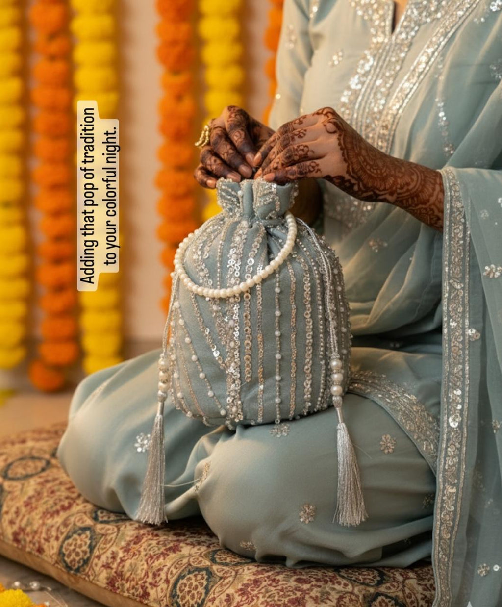 Dur e Adan: Mint Green Pearl & Sequin Bridal Potli