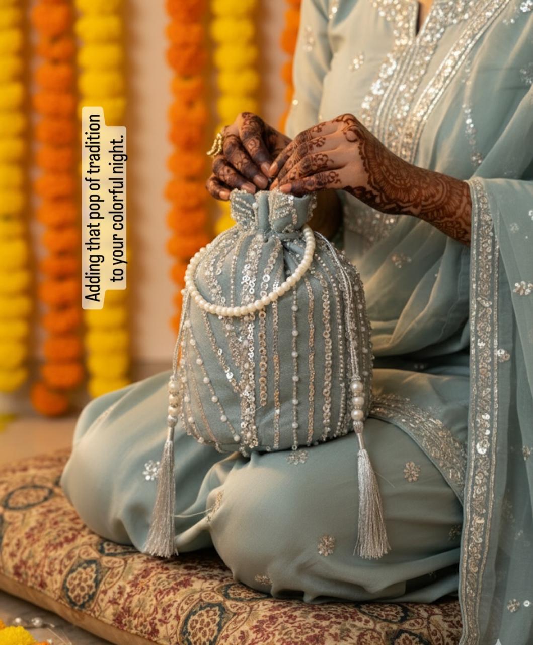 Dur e Adan: Mint Green Pearl & Sequin Bridal Potli