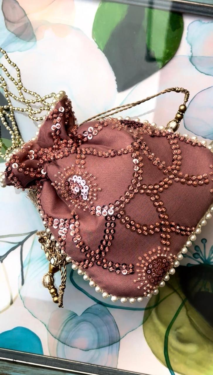 Pareesa: Dusty Rose Sequin Mesh Hand-Embellished Potli