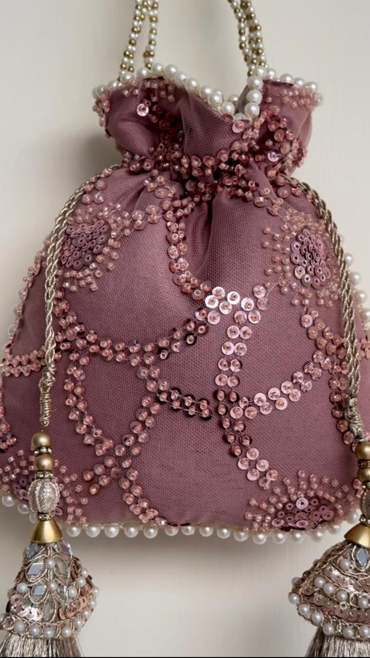 Pareesa: Dusty Rose Sequin Mesh Hand-Embellished Potli