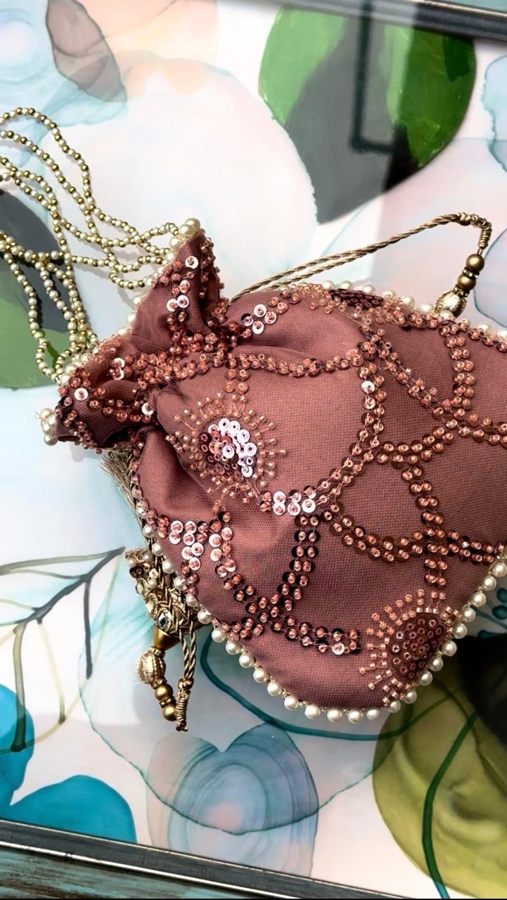 Pareesa: Dusty Rose Sequin Mesh Hand-Embellished Potli