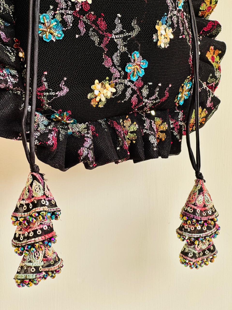 Arjumand: Black Velvet & Net Hand-Embellished Floral Potli