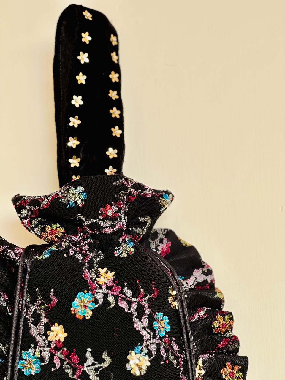 Arjumand: Black Velvet & Net Hand-Embellished Floral Potli