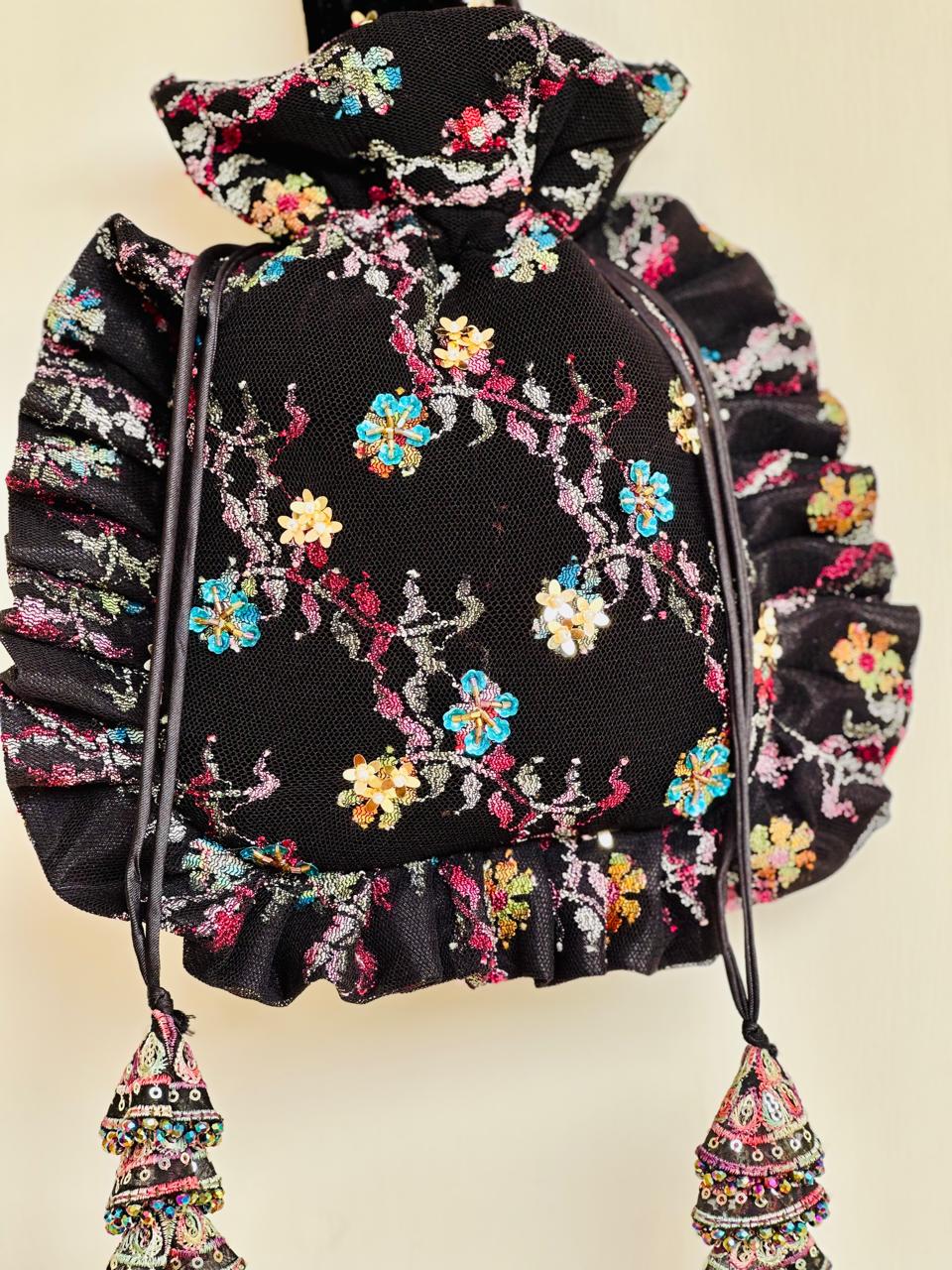 Arjumand: Black Velvet & Net Hand-Embellished Floral Potli