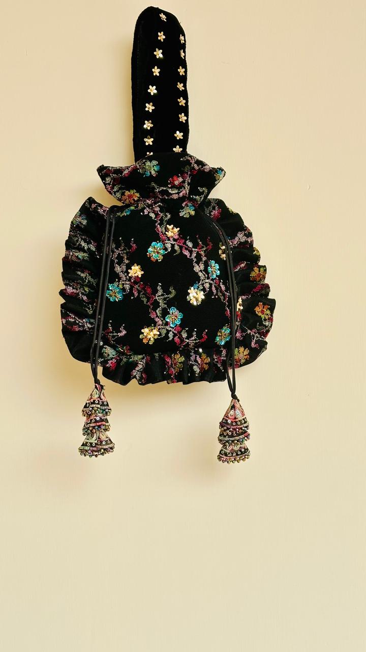 Arjumand: Black Velvet & Net Hand-Embellished Floral Potli
