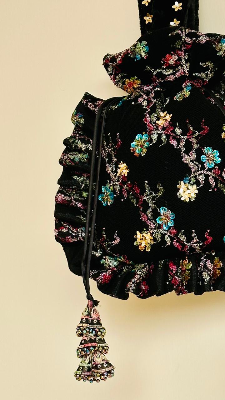 Arjumand: Black Velvet & Net Hand-Embellished Floral Potli