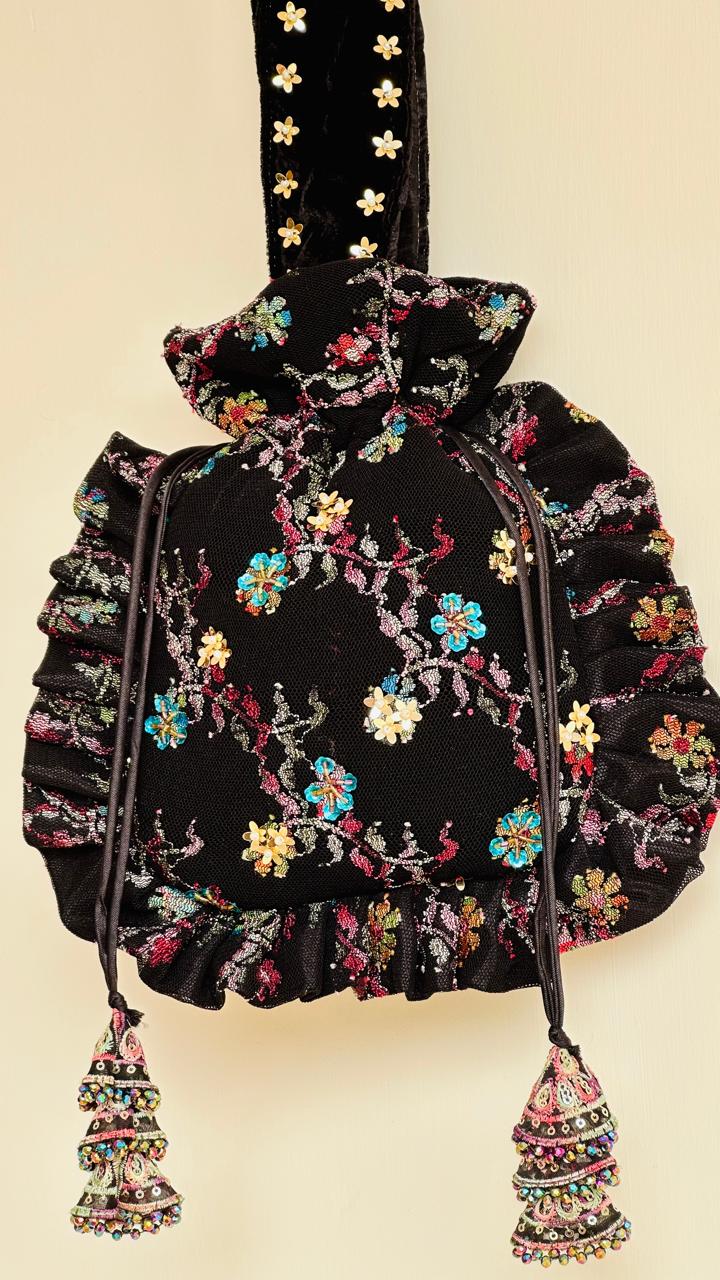 Arjumand: Black Velvet & Net Hand-Embellished Floral Potli