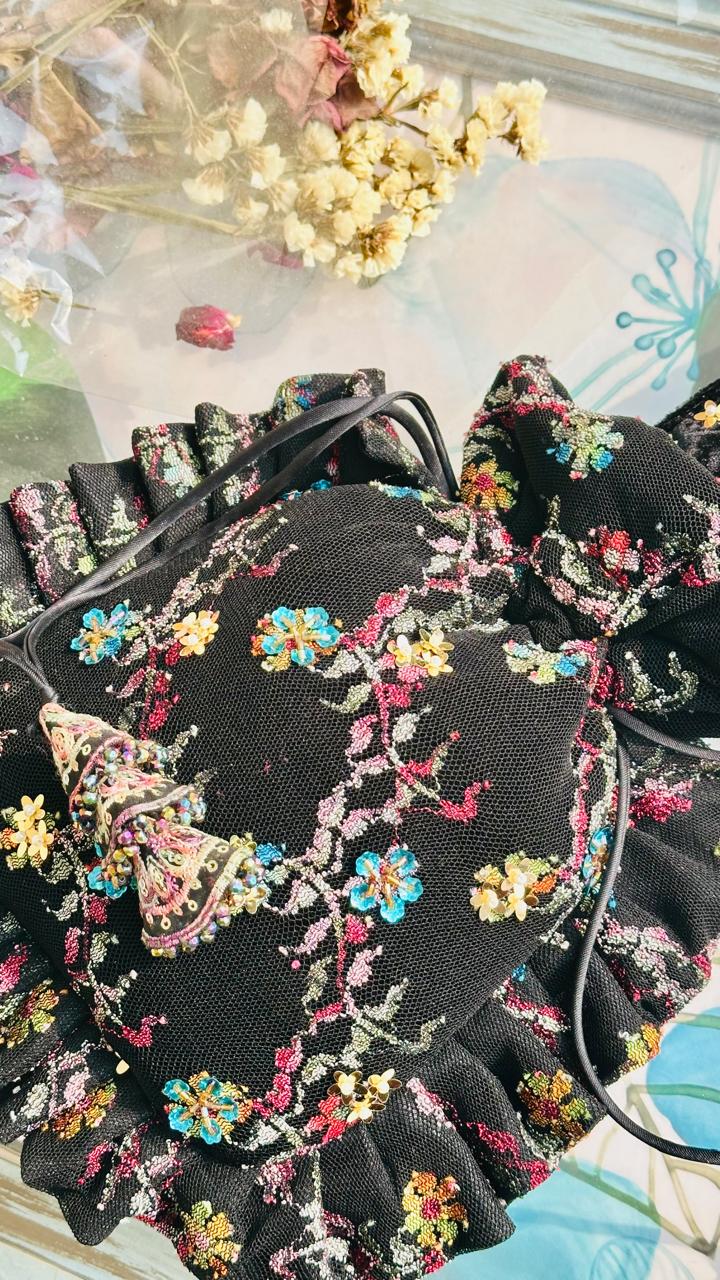 Arjumand: Black Velvet & Net Hand-Embellished Floral Potli