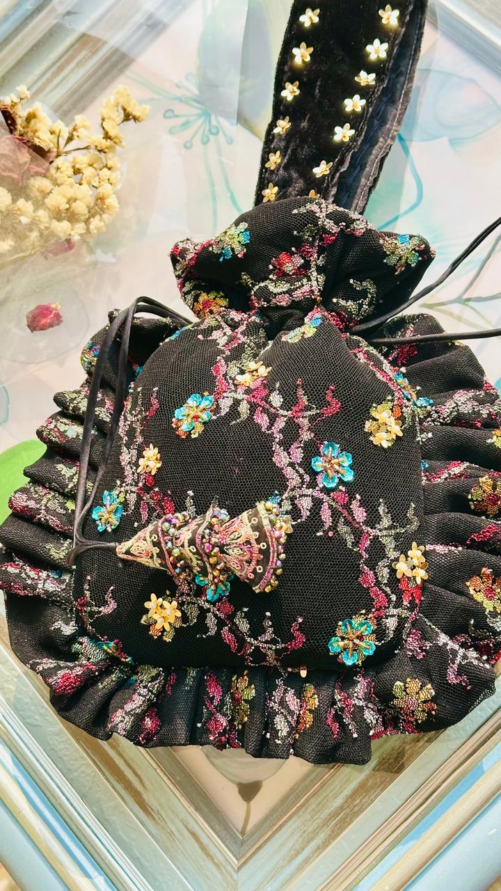 Arjumand: Black Velvet & Net Hand-Embellished Floral Potli