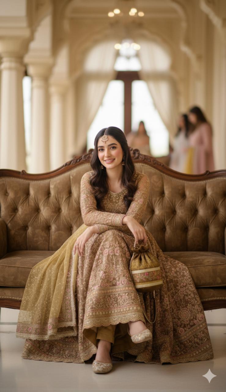 Afrozeh: Antique Gold & Rose Floral Embroidered Potli