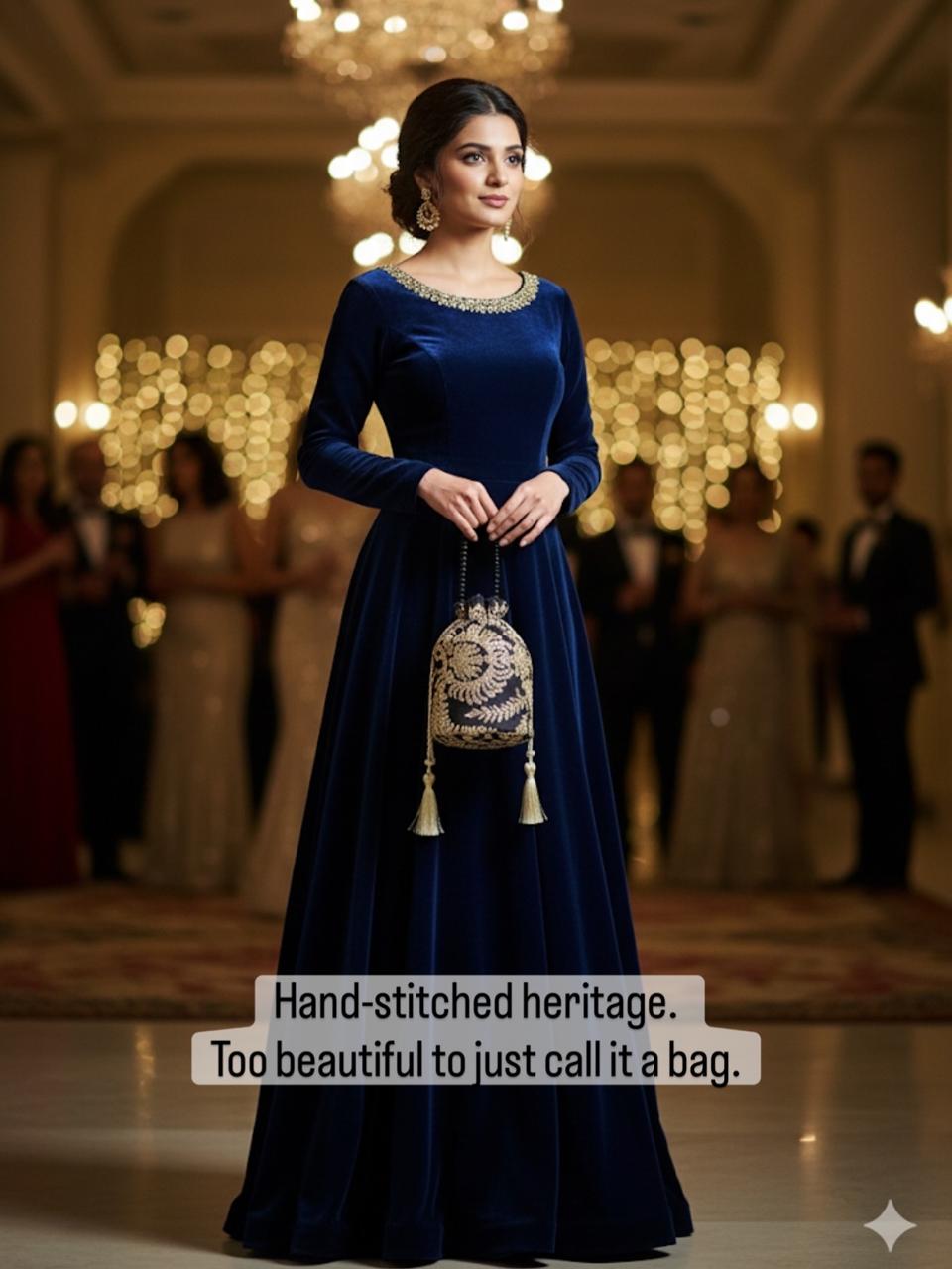 Tamkenat: Regal Black & Antique Gold Handmade Net Potli