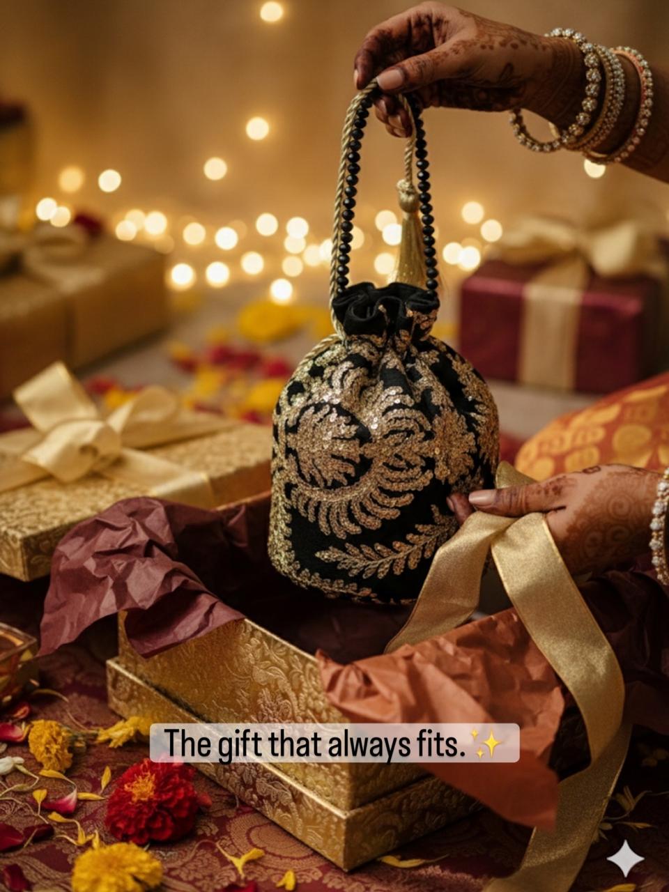 Tamkenat: Regal Black & Antique Gold Handmade Net Potli