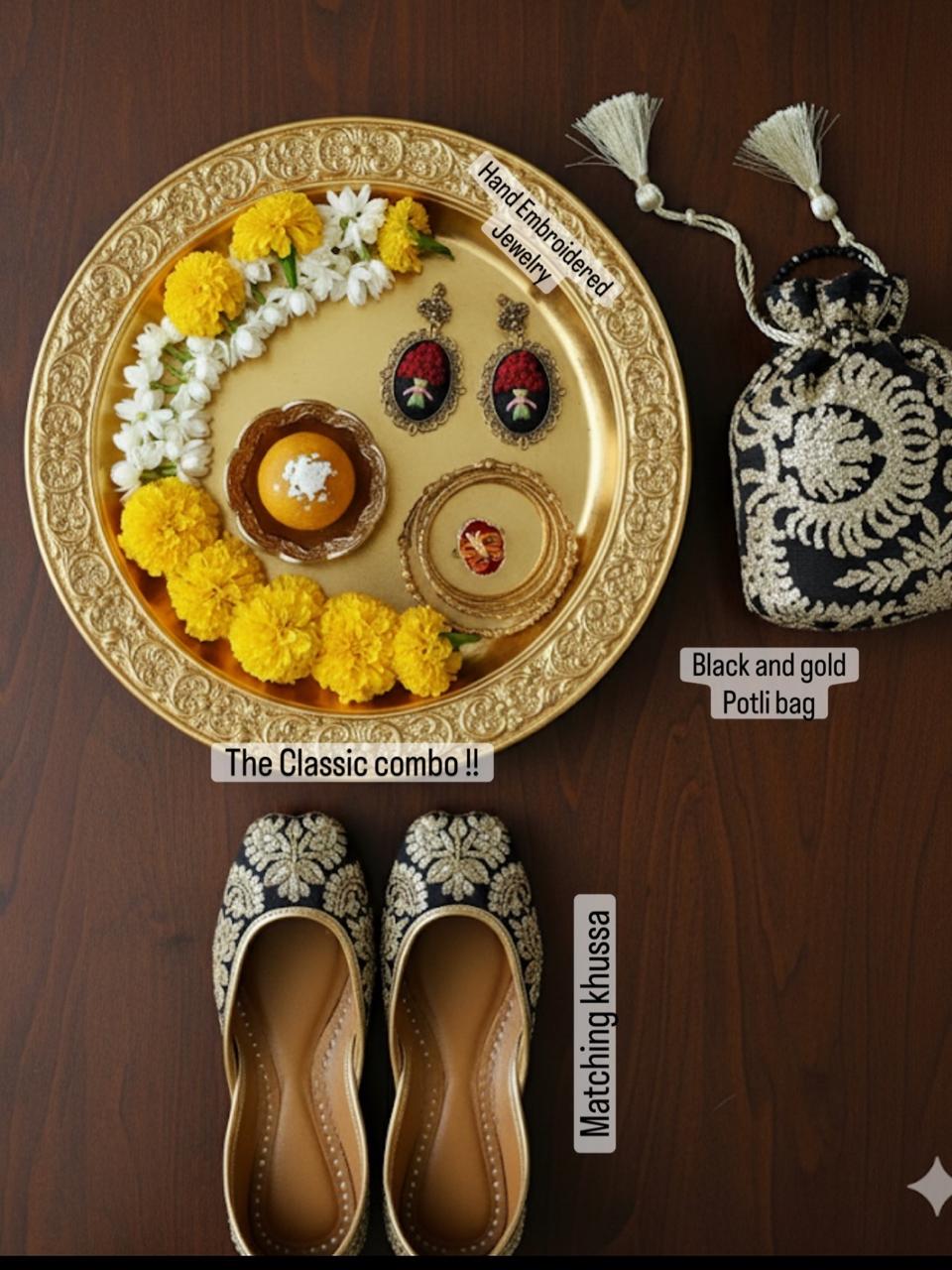 Tamkenat: Regal Black & Antique Gold Handmade Net Potli