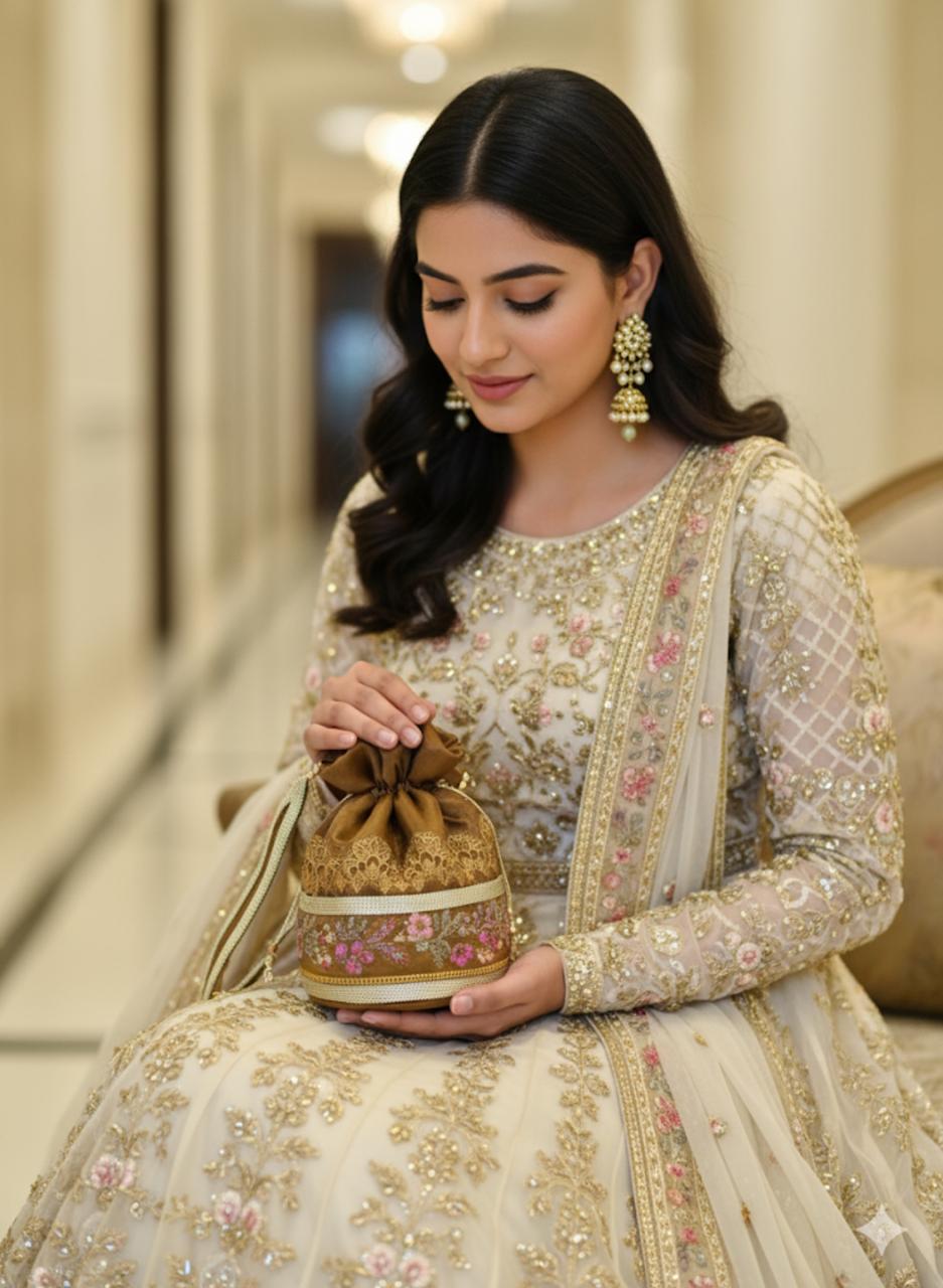 Afrozeh: Antique Gold & Rose Floral Embroidered Potli