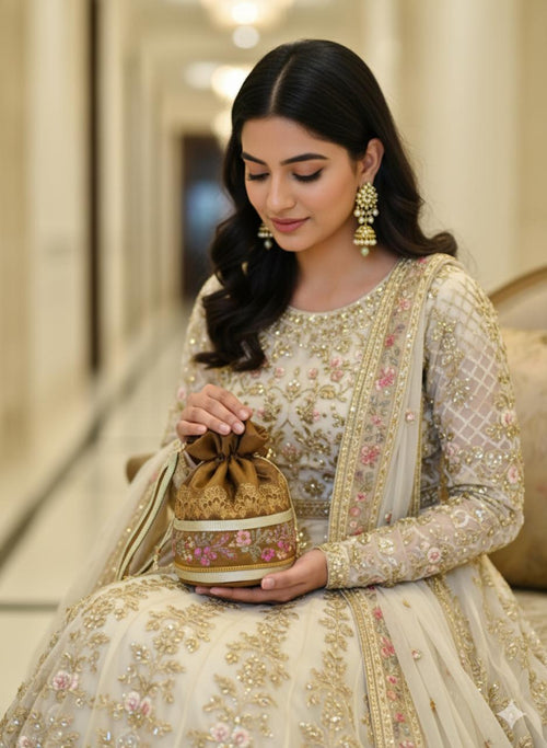 Afrozeh: Antique Gold & Rose Floral Embroidered Potli