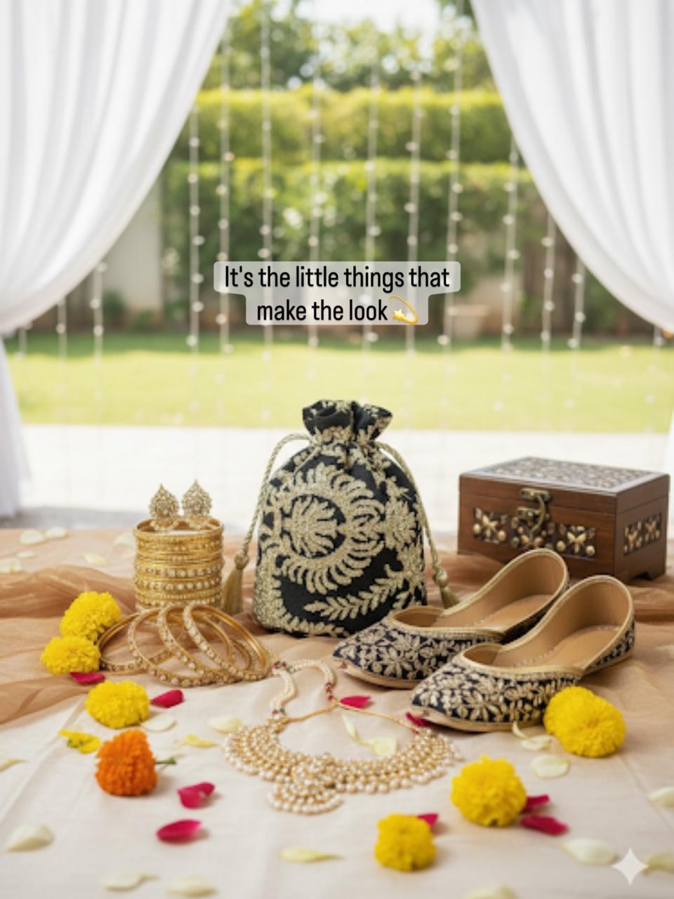 Tamkenat: Regal Black & Antique Gold Handmade Net Potli