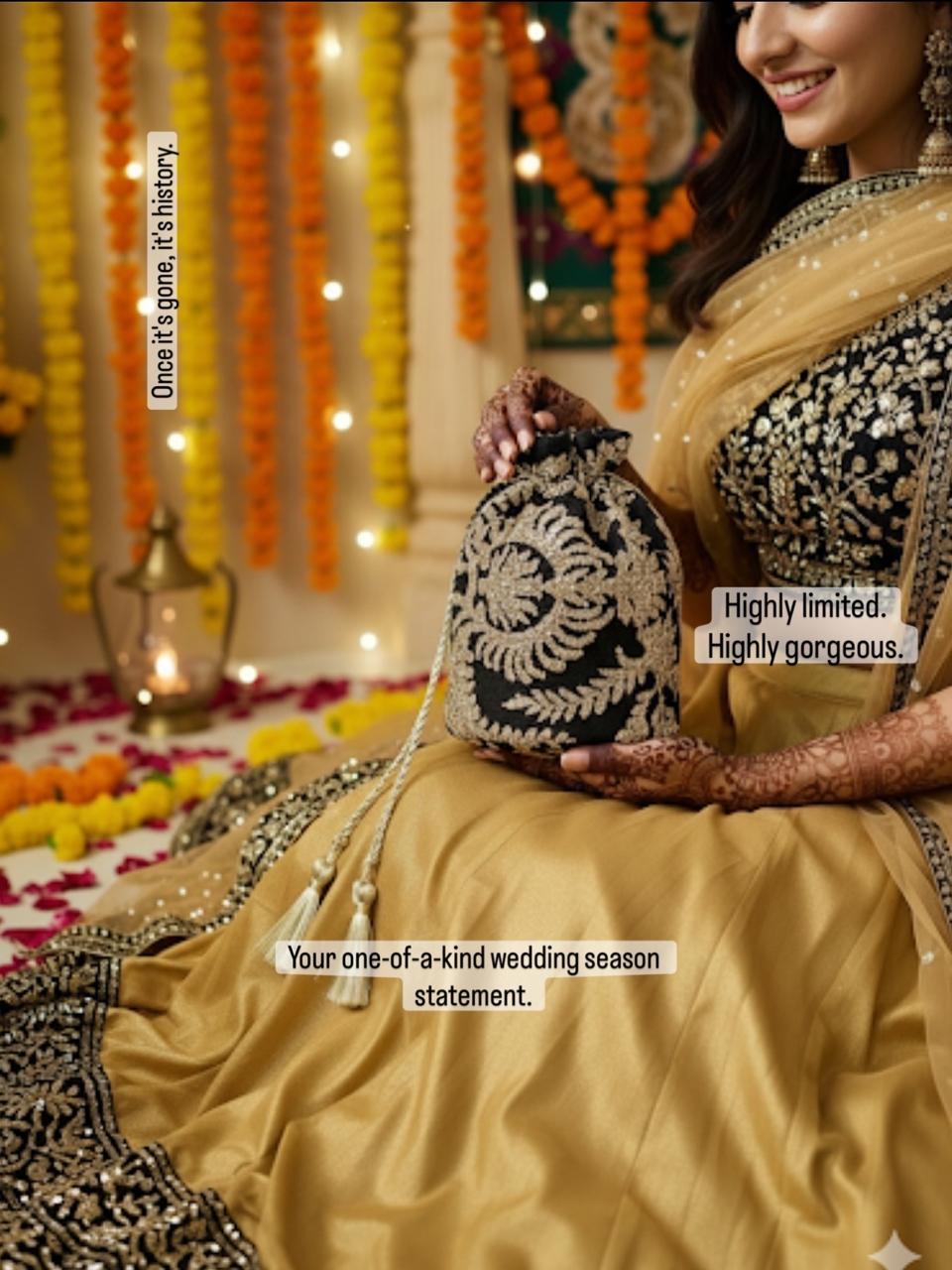 Tamkenat: Regal Black & Antique Gold Handmade Net Potli