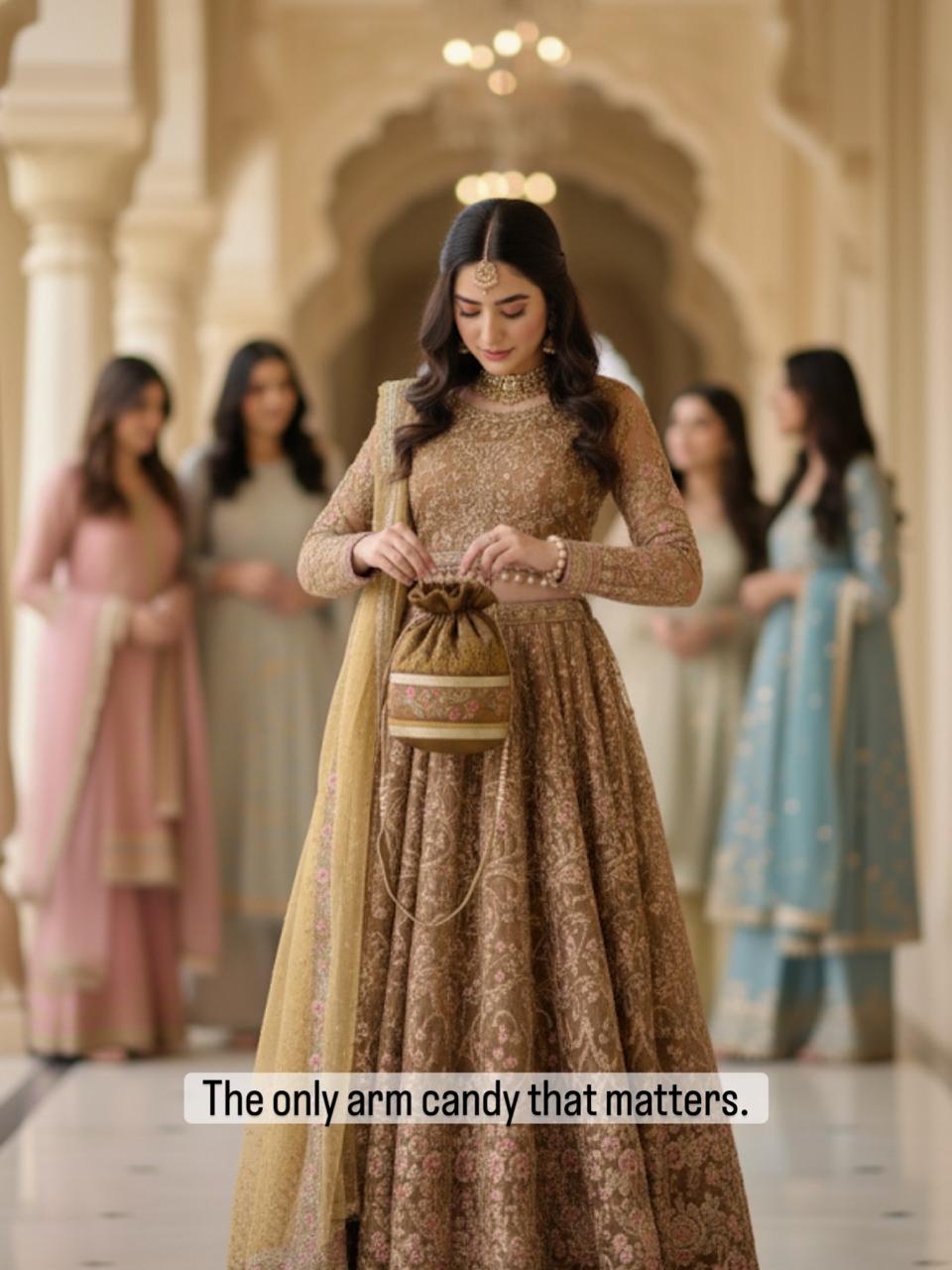 Afrozeh: Antique Gold & Rose Floral Embroidered Potli