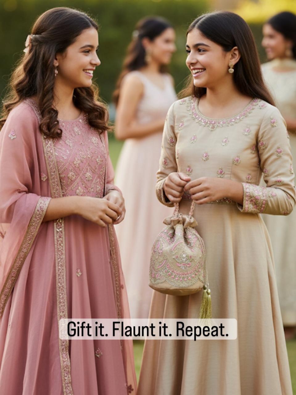 Zohra: Blush Beige Net Potli with Pink Embroidery