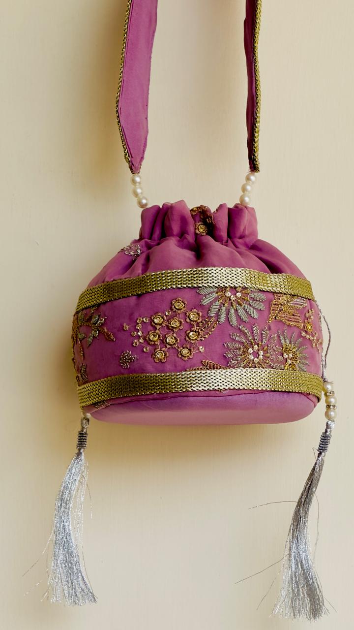 Najaf: Mauve Pink Zardosi Handcrafted Potli Bag