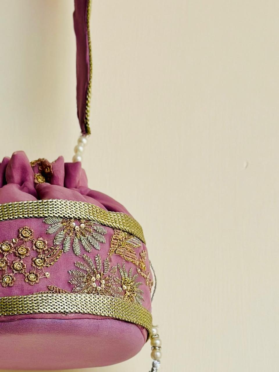 Najaf: Mauve Pink Zardosi Handcrafted Potli Bag