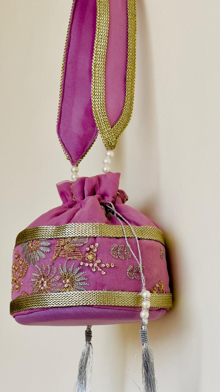 Najaf: Mauve Pink Zardosi Handcrafted Potli Bag