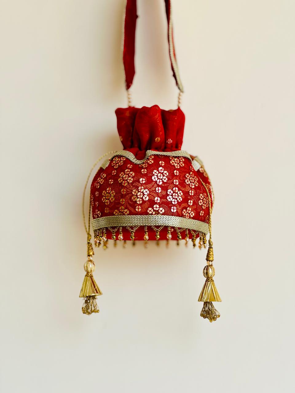 Marjaan: Red Sequin Potli with Gold Beads (Customizable)