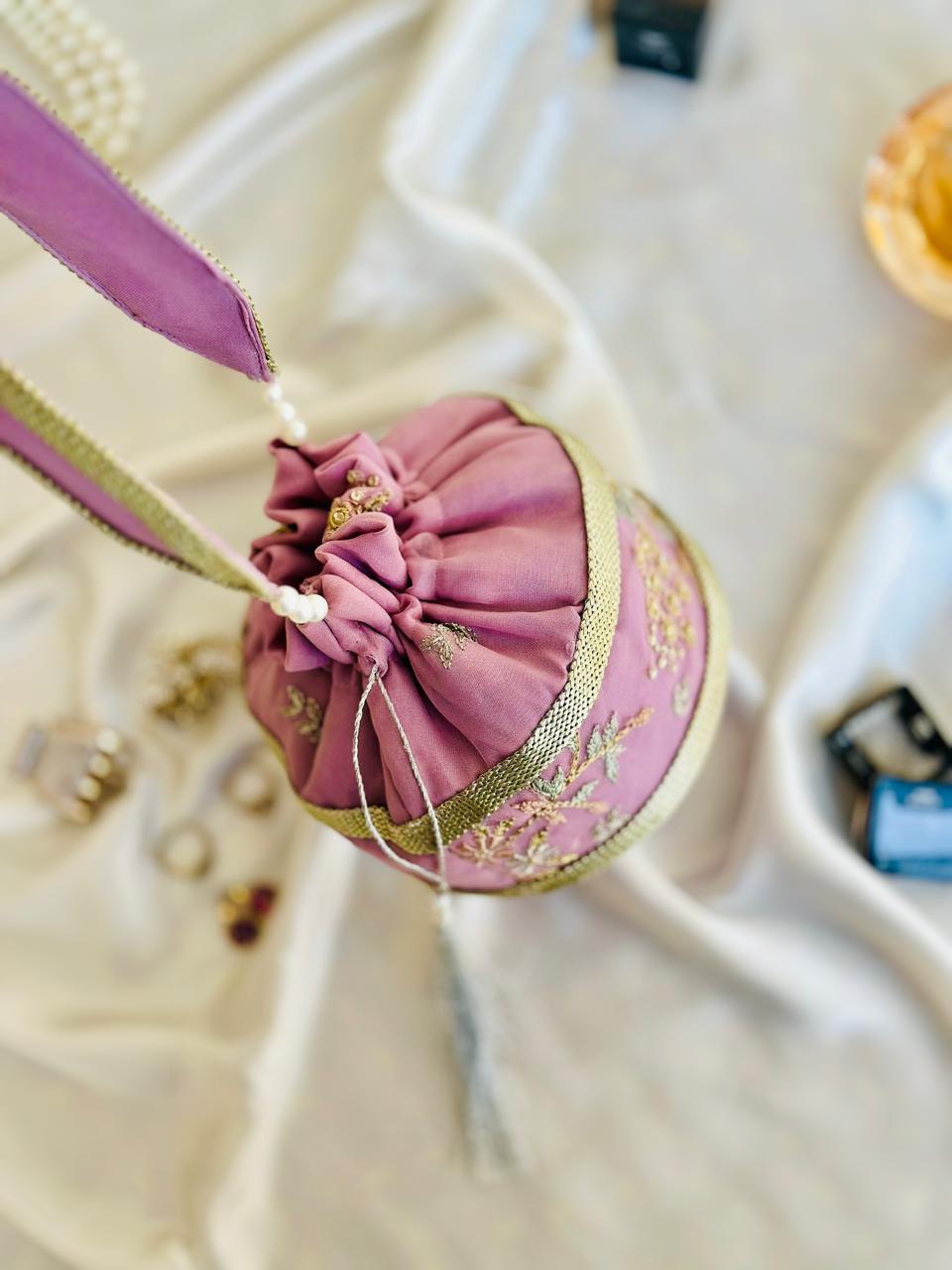 Najaf: Mauve Pink Zardosi Handcrafted Potli Bag