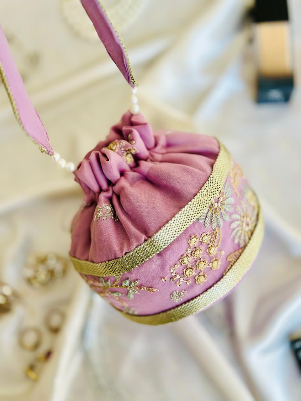 Najaf: Mauve Pink Zardosi Handcrafted Potli Bag