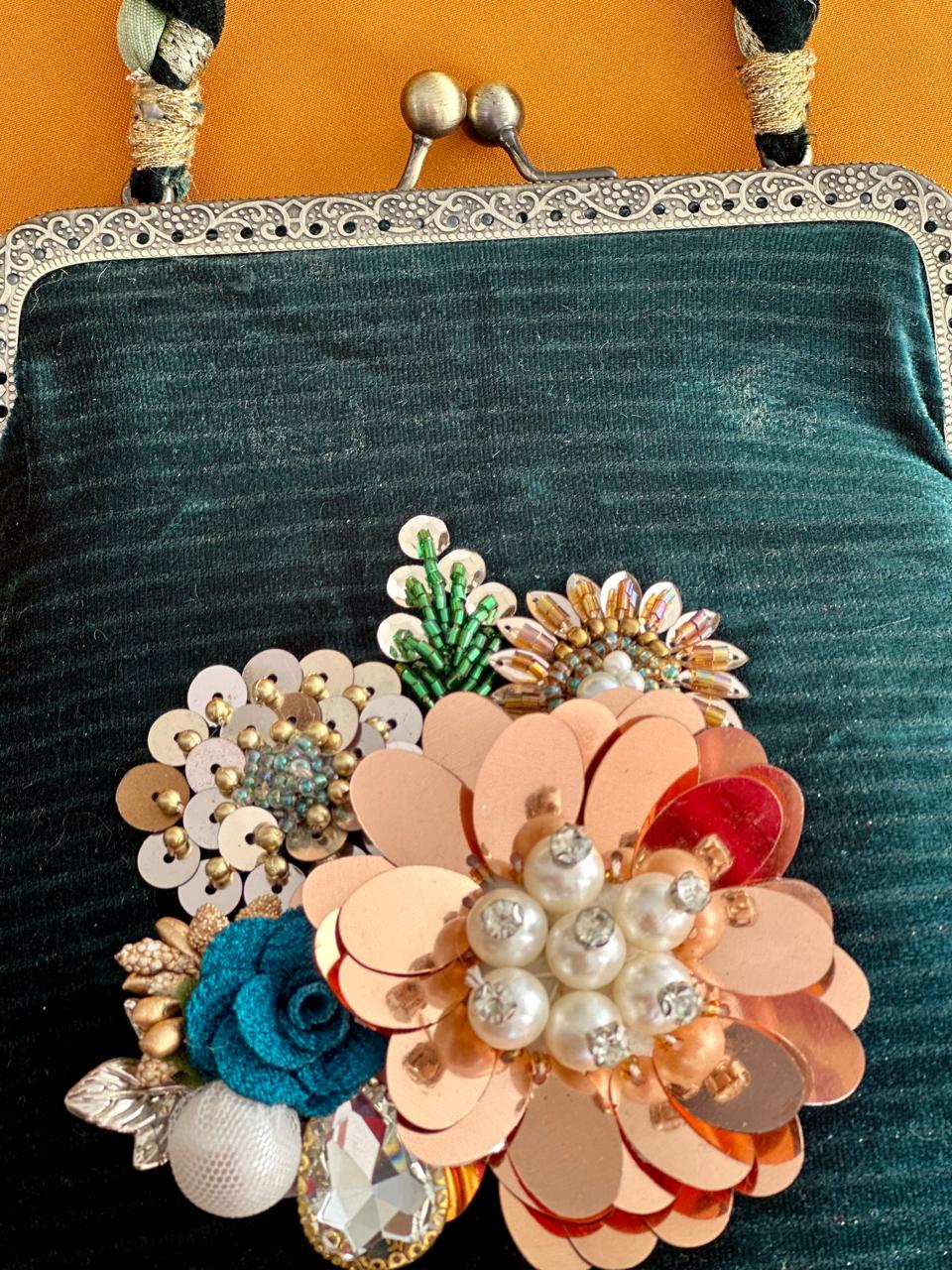 The Gilded Evergreen - Hand-Embellished Emerald Velvet Frame Bag