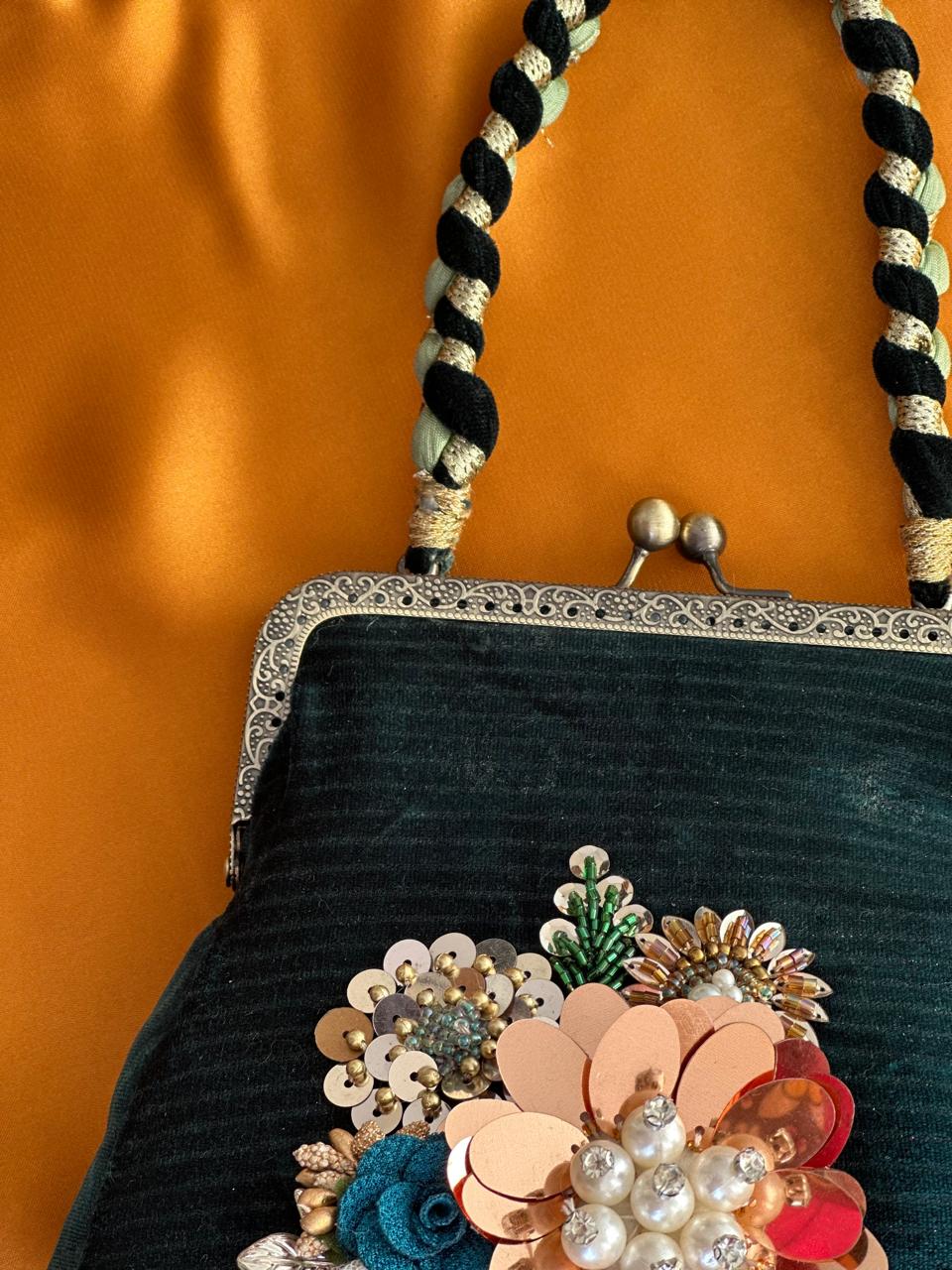 The Gilded Evergreen - Hand-Embellished Emerald Velvet Frame Bag
