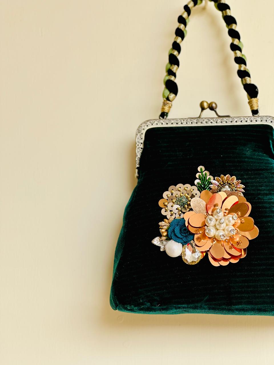 The Gilded Evergreen - Hand-Embellished Emerald Velvet Frame Bag