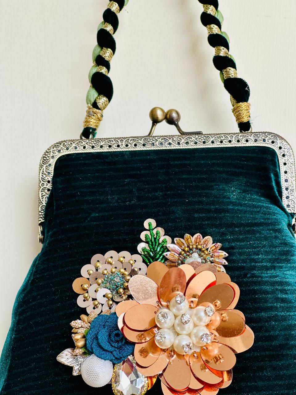 The Gilded Evergreen - Hand-Embellished Emerald Velvet Frame Bag