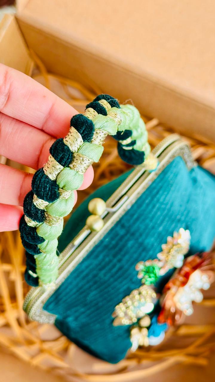 The Gilded Evergreen - Hand-Embellished Emerald Velvet Frame Bag