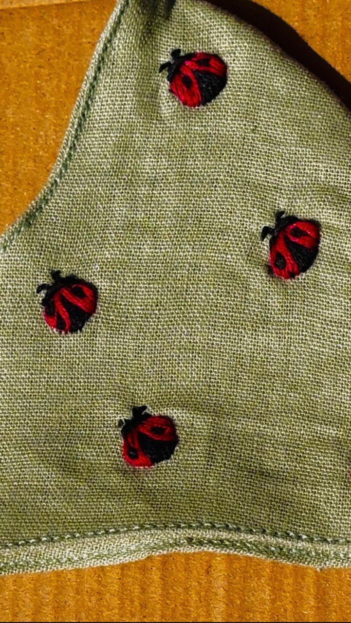 Hand-Embroidered Ladybug Face Mask – Sage Green Linen Cotton Blend – Breathable & Adjustable