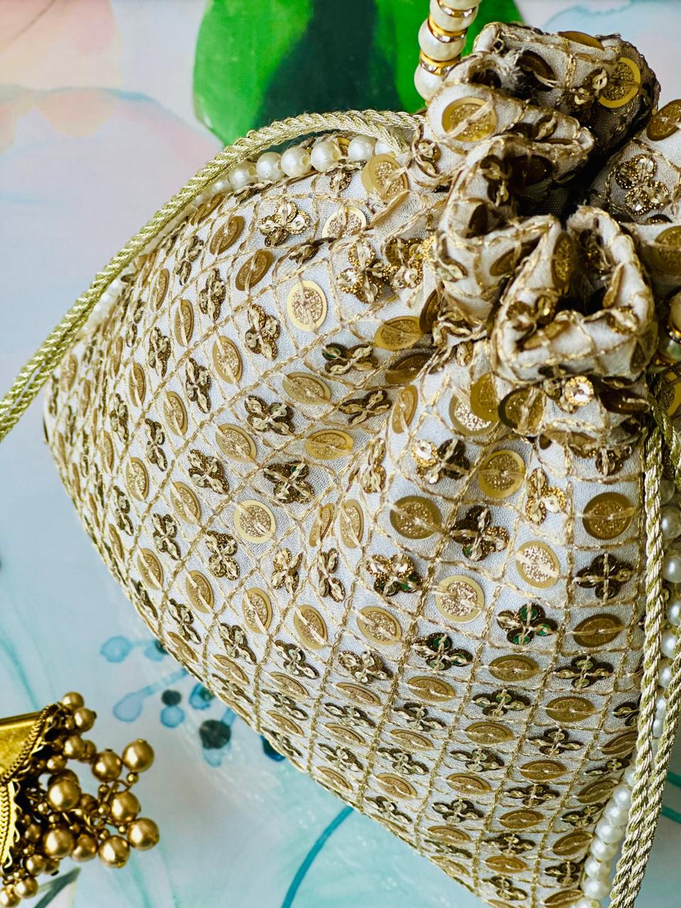 Aroosa: Gold Sequin Grid Potli, Pearl Border & Tassels