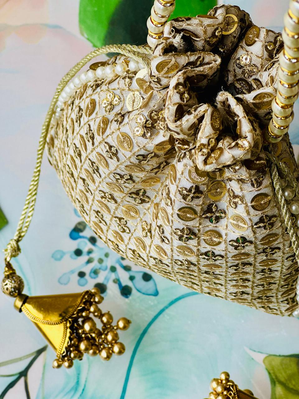 Aroosa: Gold Sequin Grid Potli, Pearl Border & Tassels