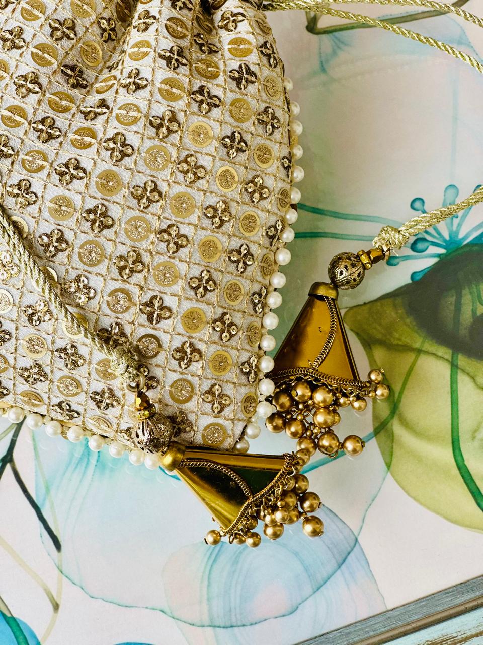 Aroosa: Gold Sequin Grid Potli, Pearl Border & Tassels