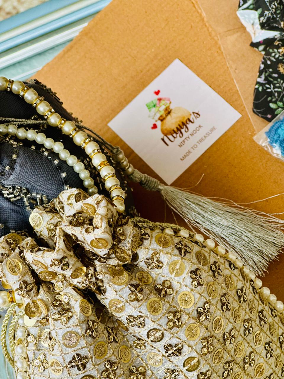 Aroosa: Gold Sequin Grid Potli, Pearl Border & Tassels