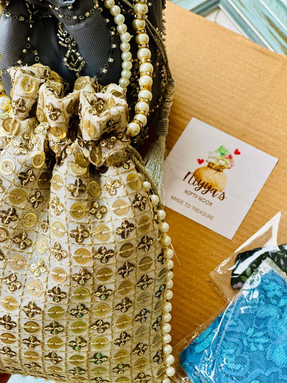 Aroosa: Gold Sequin Grid Potli, Pearl Border & Tassels