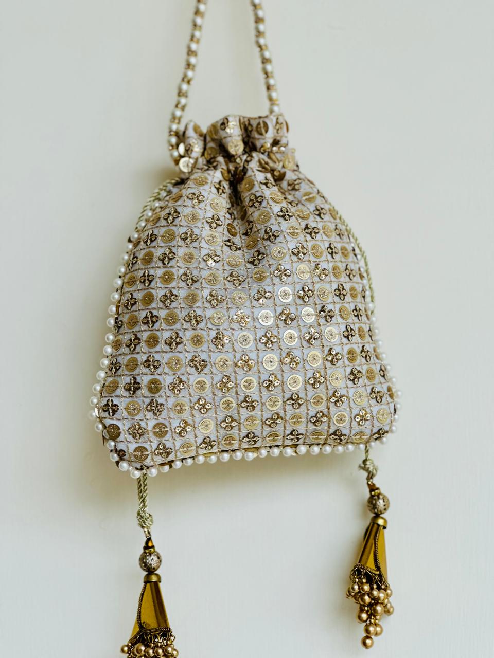 Aroosa: Gold Sequin Grid Potli, Pearl Border & Tassels