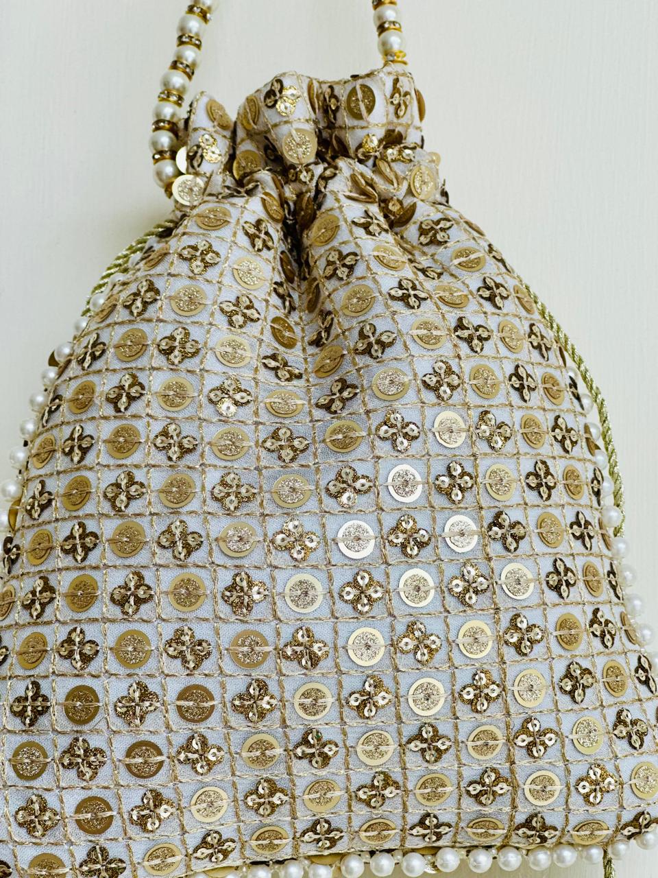 Aroosa: Gold Sequin Grid Potli, Pearl Border & Tassels