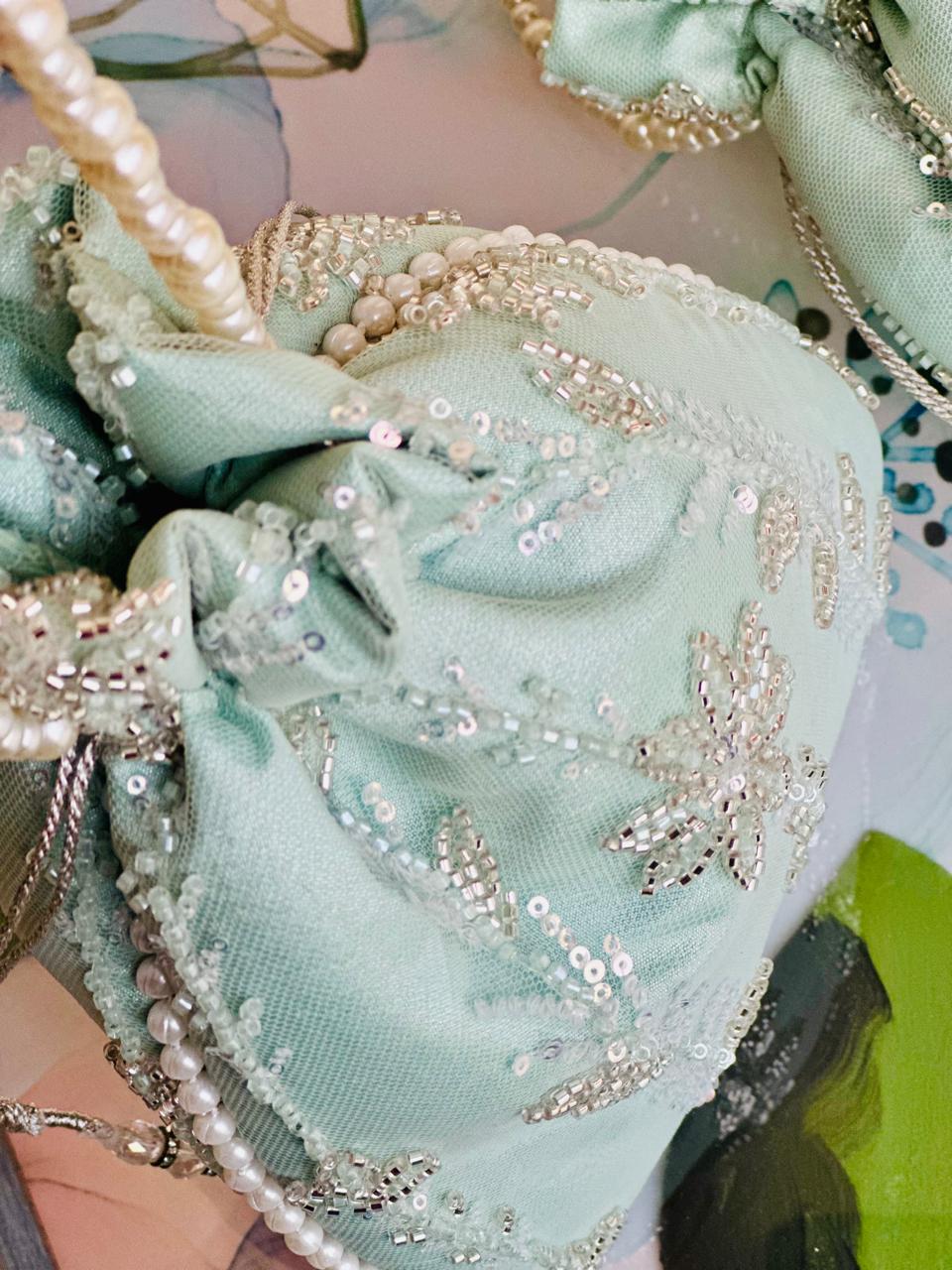 Zaiba: Mint Green Floral Beadwork Potli with Pearl Border