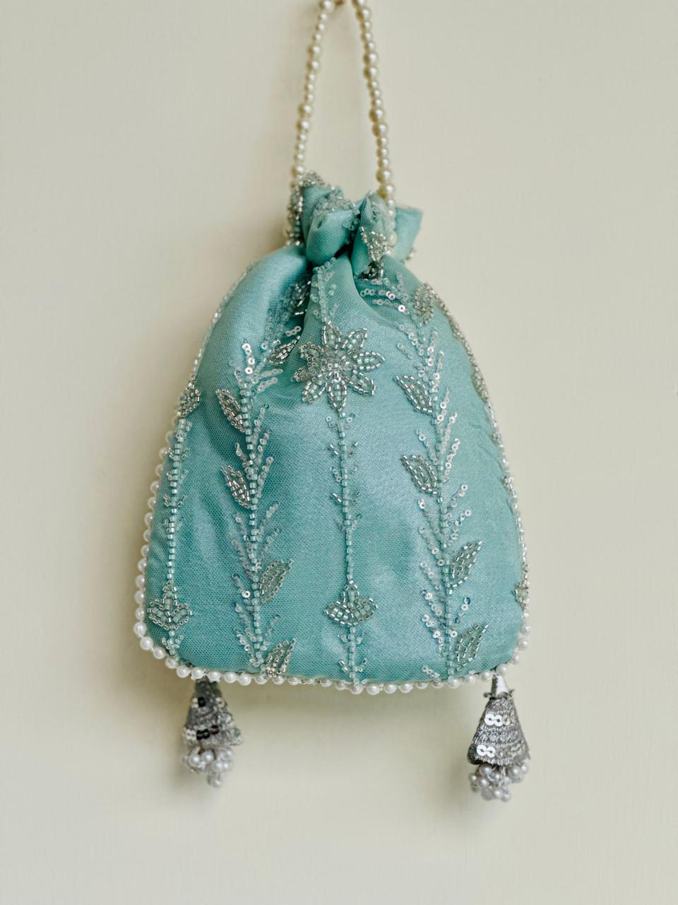 Zaiba: Mint Green Floral Beadwork Potli with Pearl Border