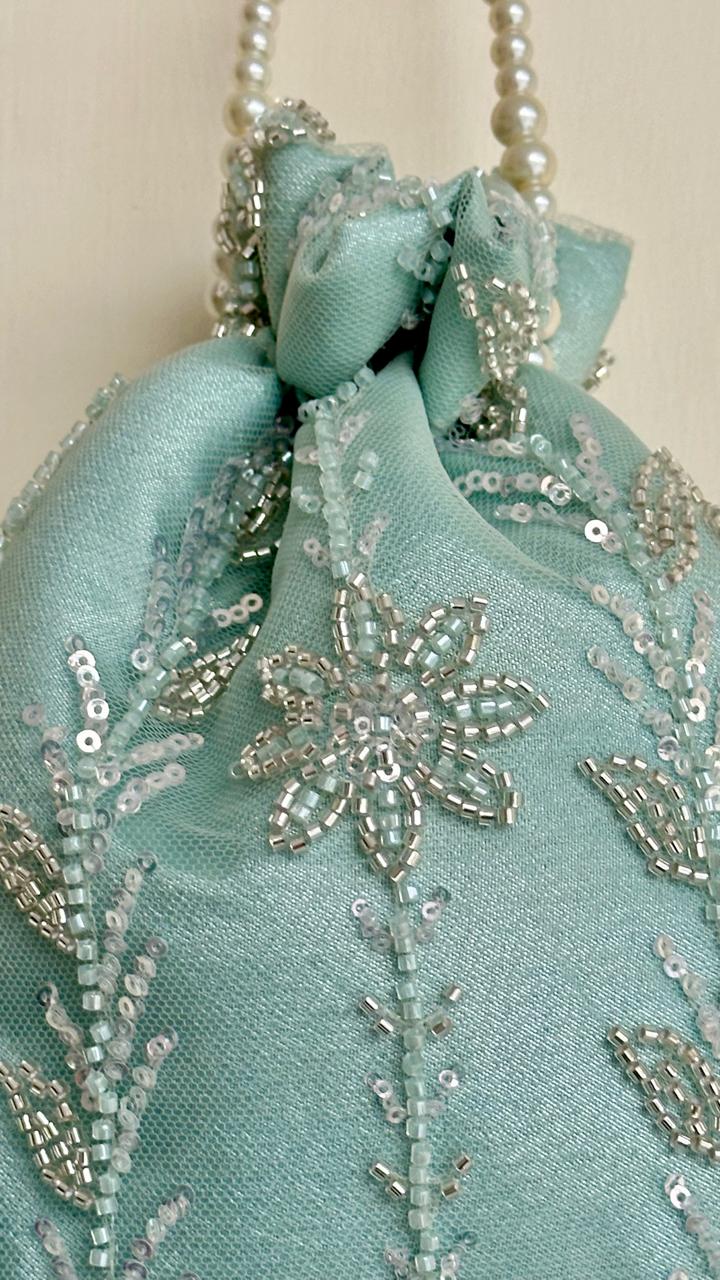 Zaiba: Mint Green Floral Beadwork Potli with Pearl Border